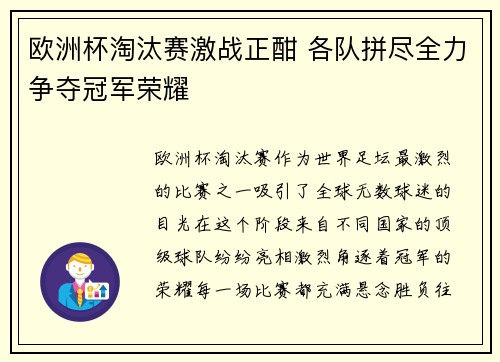 欧洲杯淘汰赛激战正酣 各队拼尽全力争夺冠军荣耀 欧洲杯淘汰赛激战正酣 各队拼尽全力争夺冠军荣耀