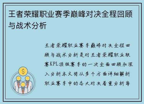 王者荣耀职业赛季巅峰对决全程回顾与战术分析