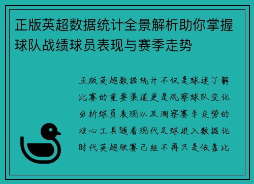 正版英超数据统计全景解析助你掌握球队战绩球员表现与赛季走势